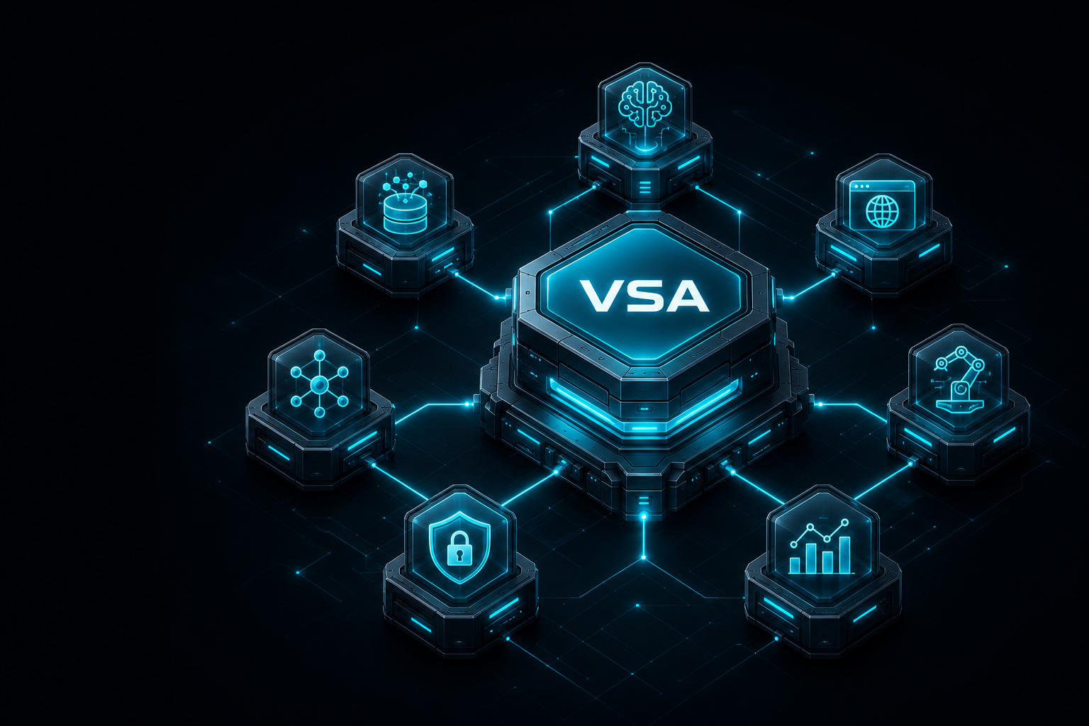 VSA core connected to knowledge, website, security, analytics and automation modules