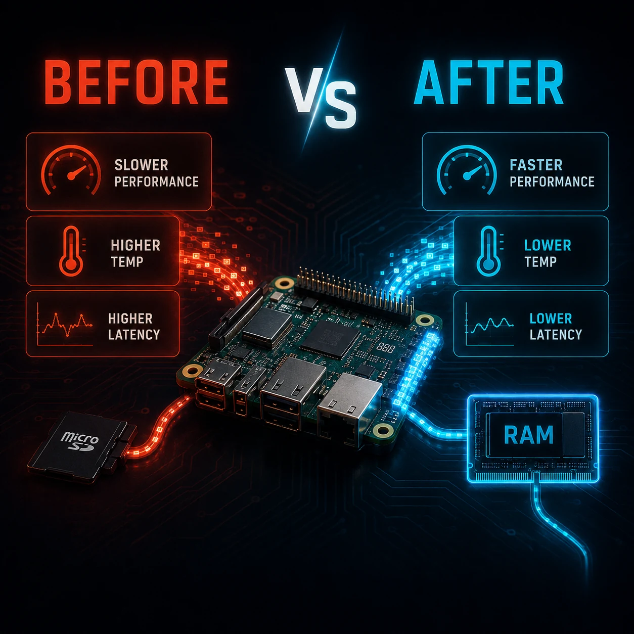Koncepcyjne porównanie systemu przed i po skierowaniu części I/O do RAM